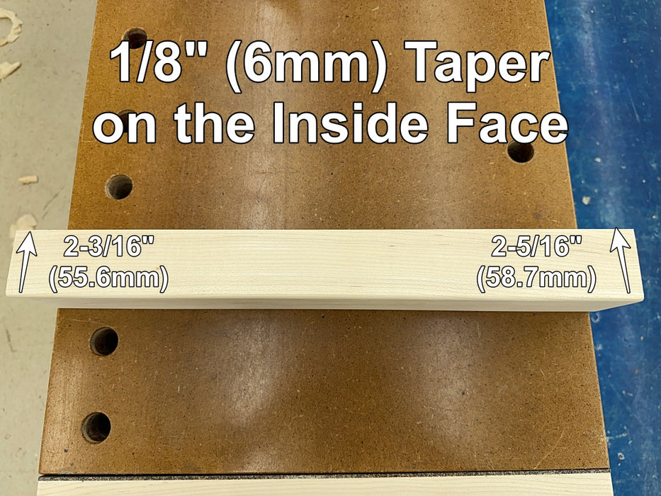 A close-up of a hard maple vise jaw labeled '1/8" (6mm) Taper on the Inside Face,' with measurements '2-3/16" (55.6mm)' on one end and '2-5/16" (53.